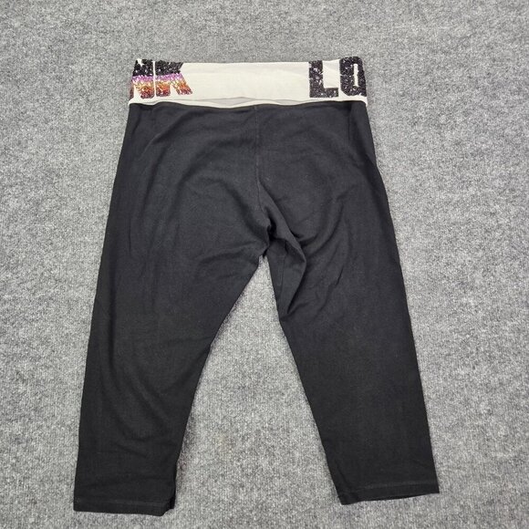 Victoria Secret PINK LOVE Black Yoga Cropped Fold Over Pants Sequins Large Y2k - Picture 8 of 12